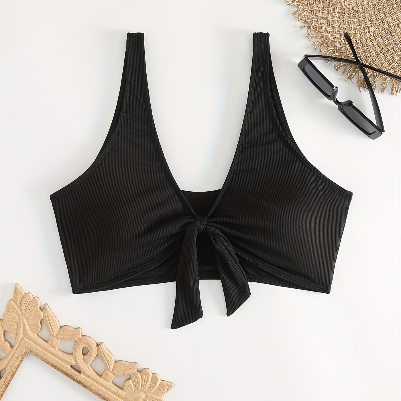 Ribbed Knit Bow Front V Neck Bikini Top