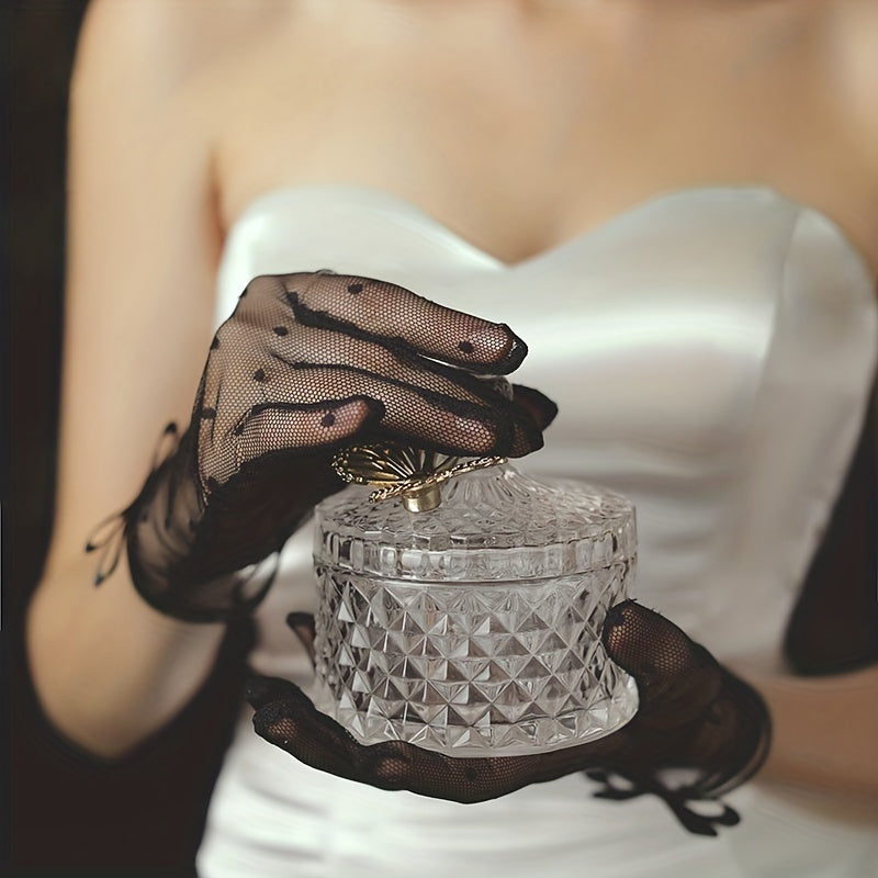 Lace Short Gloves Polka Dots Bow Wedding Bridal Dress Elastic Gloves