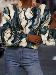 Marble Print Lantern Sleeve Casual Blouse