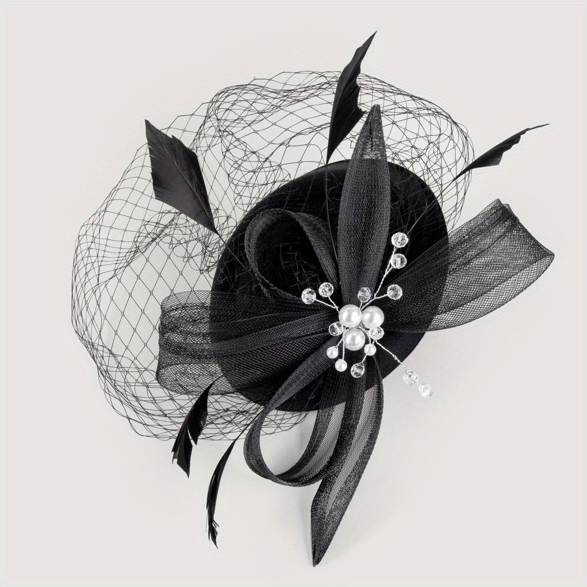 Women Faux Feather Mesh Head Piece Faux Pearl Rhinestone Head Jewelry