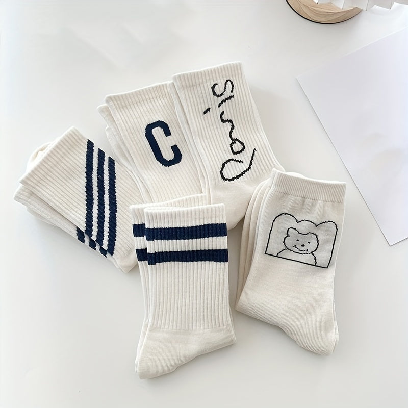 Letter & Striped Print Socks Women's Mid Tube Stockings