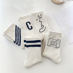 Letter & Striped Print Socks Women's Mid Tube Stockings