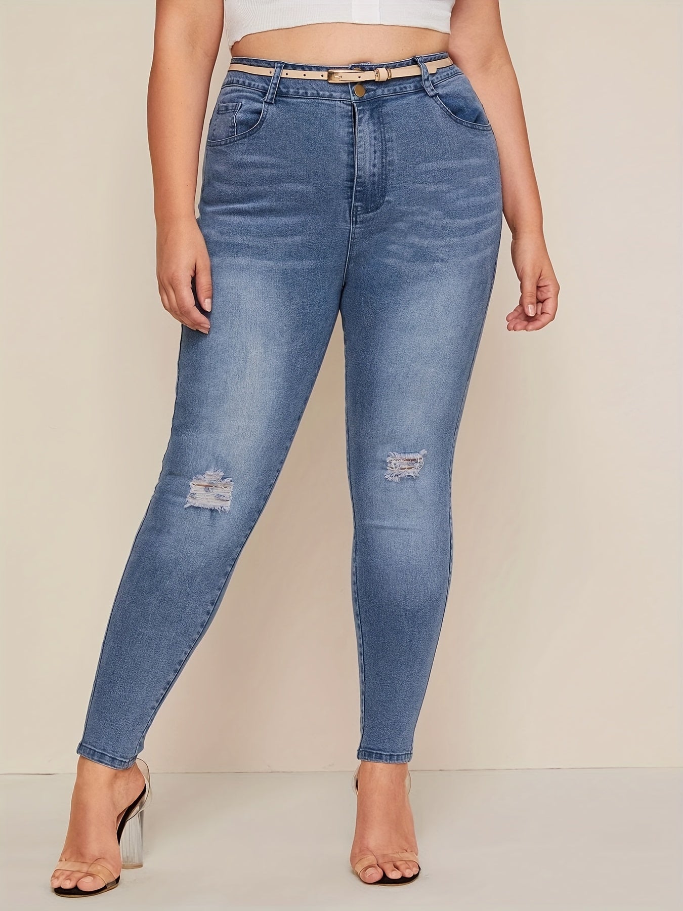 Washed Ripped Button Fly Skinny Denim Trousers