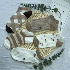 5 Pairs Cherry & Striped Print Low Cut Ankle Socks Women's Stockings