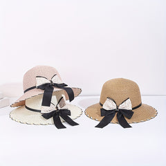 Women's Lace Satin Bow Sun Hat Wide Brim Straw Hat