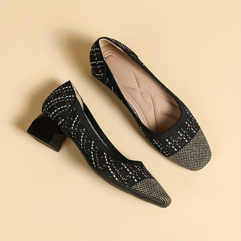 Women's Knitted Mid Heels Colorblock Slip On Shoes Chunky Heels