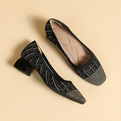 Women's Knitted Mid Heels Colorblock Slip On Shoes Chunky Heels