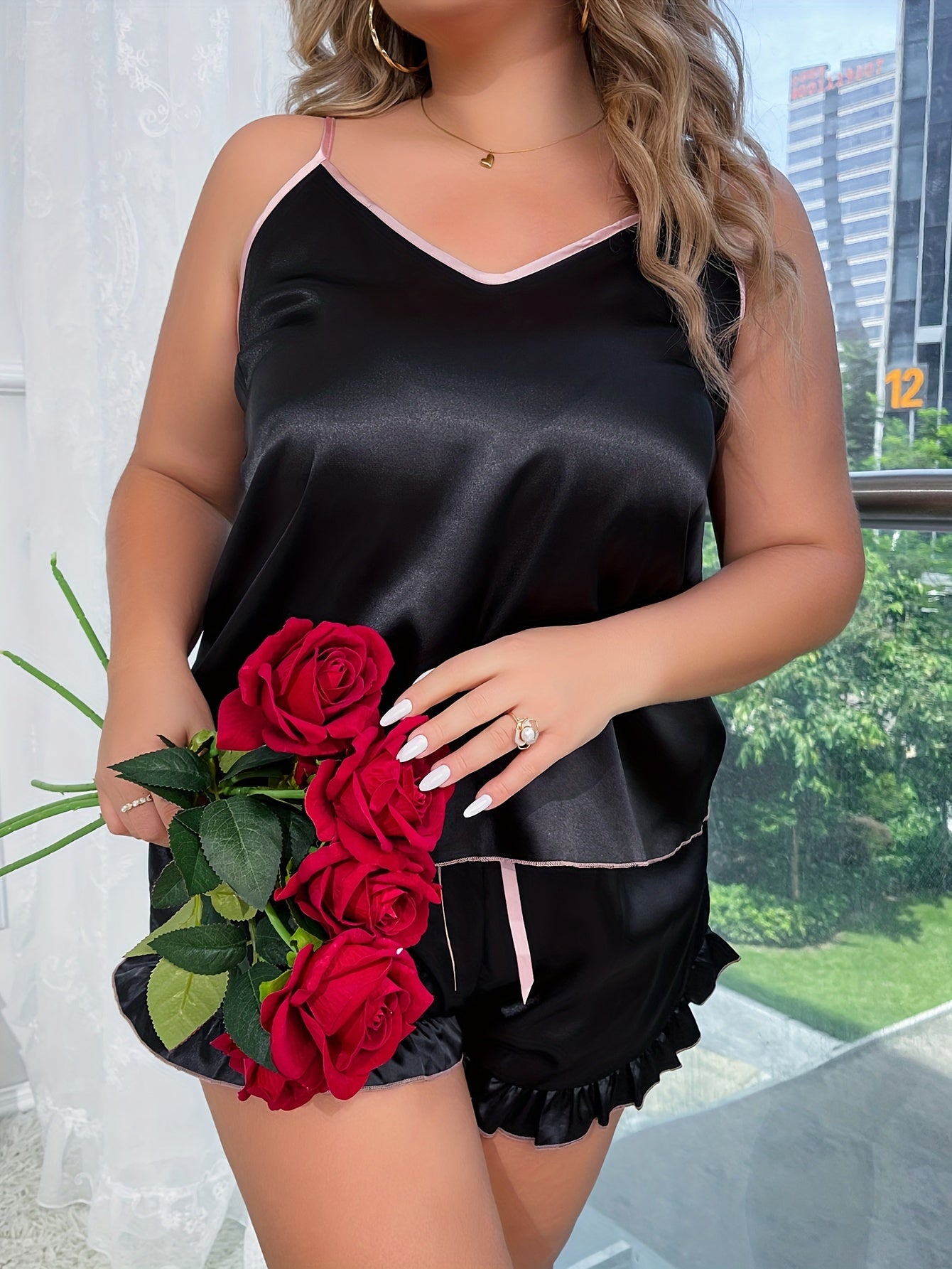 Contrast Trim Satin Cami Top & Ruffle Shorts Set