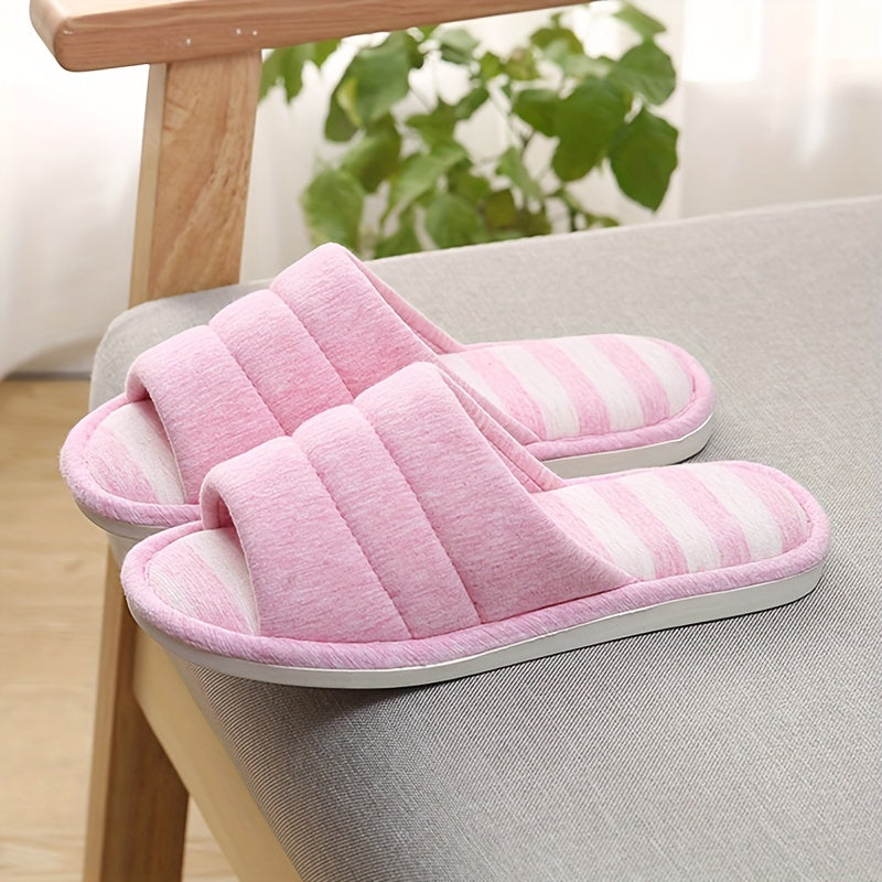 Stripe Pattern Slippers Open Toe Plush Lined Shoes