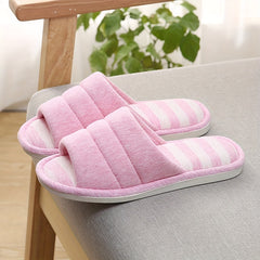 Stripe Pattern Slippers Open Toe Plush Lined Shoes