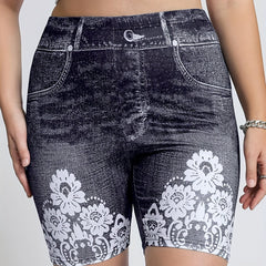 Denim Print High Waist Leggings Casual Leggings For Spring & Summer