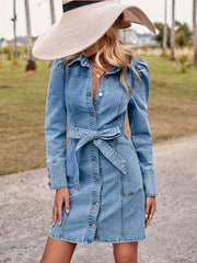 Belted Long Sleeve Denim Dress Lapel Washed Puff Shoulder