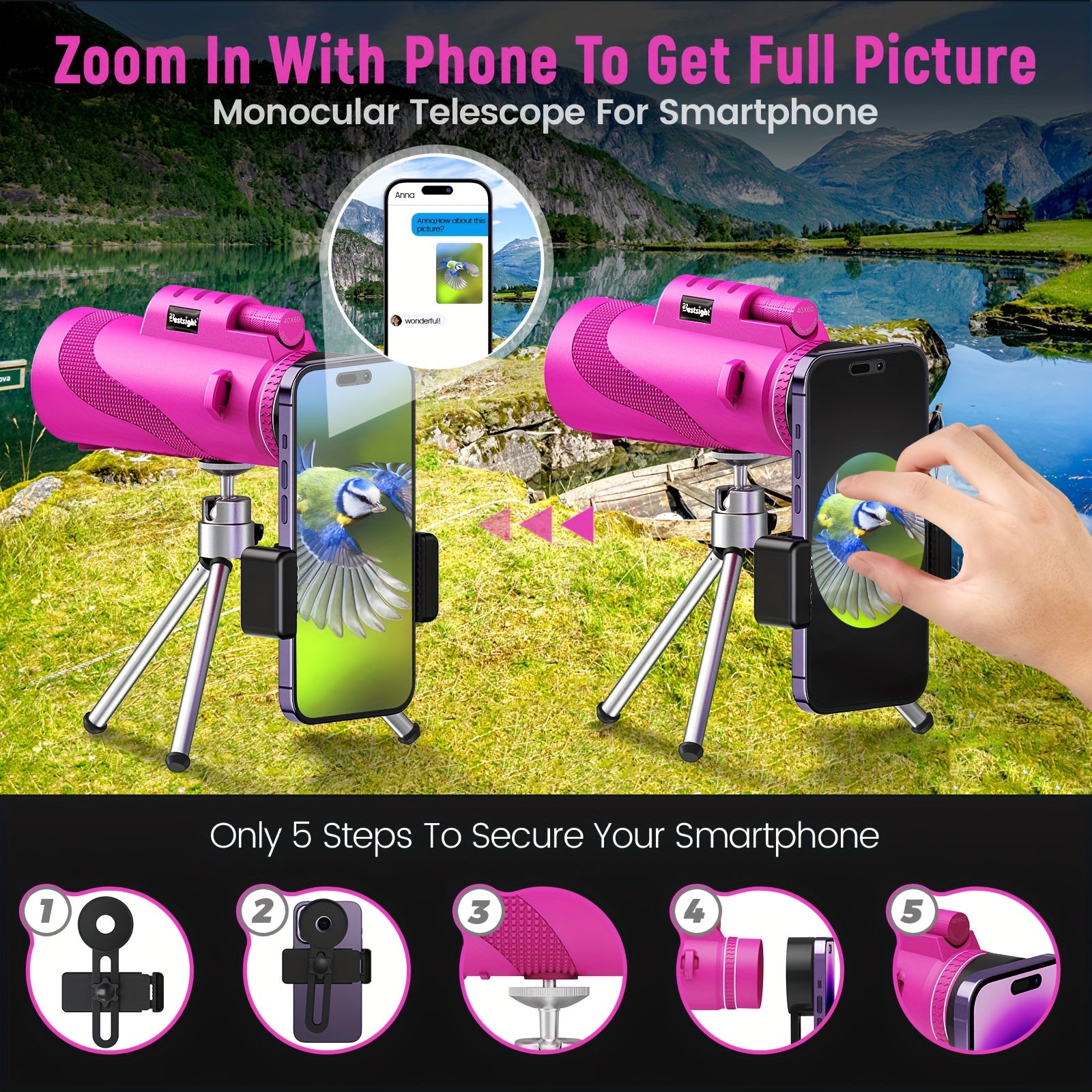 High Powered Monocular Telescope with Smartphone Adapter