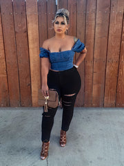 High Waist Ripped Skinny Jeans Distressed High Rise Denim Pants