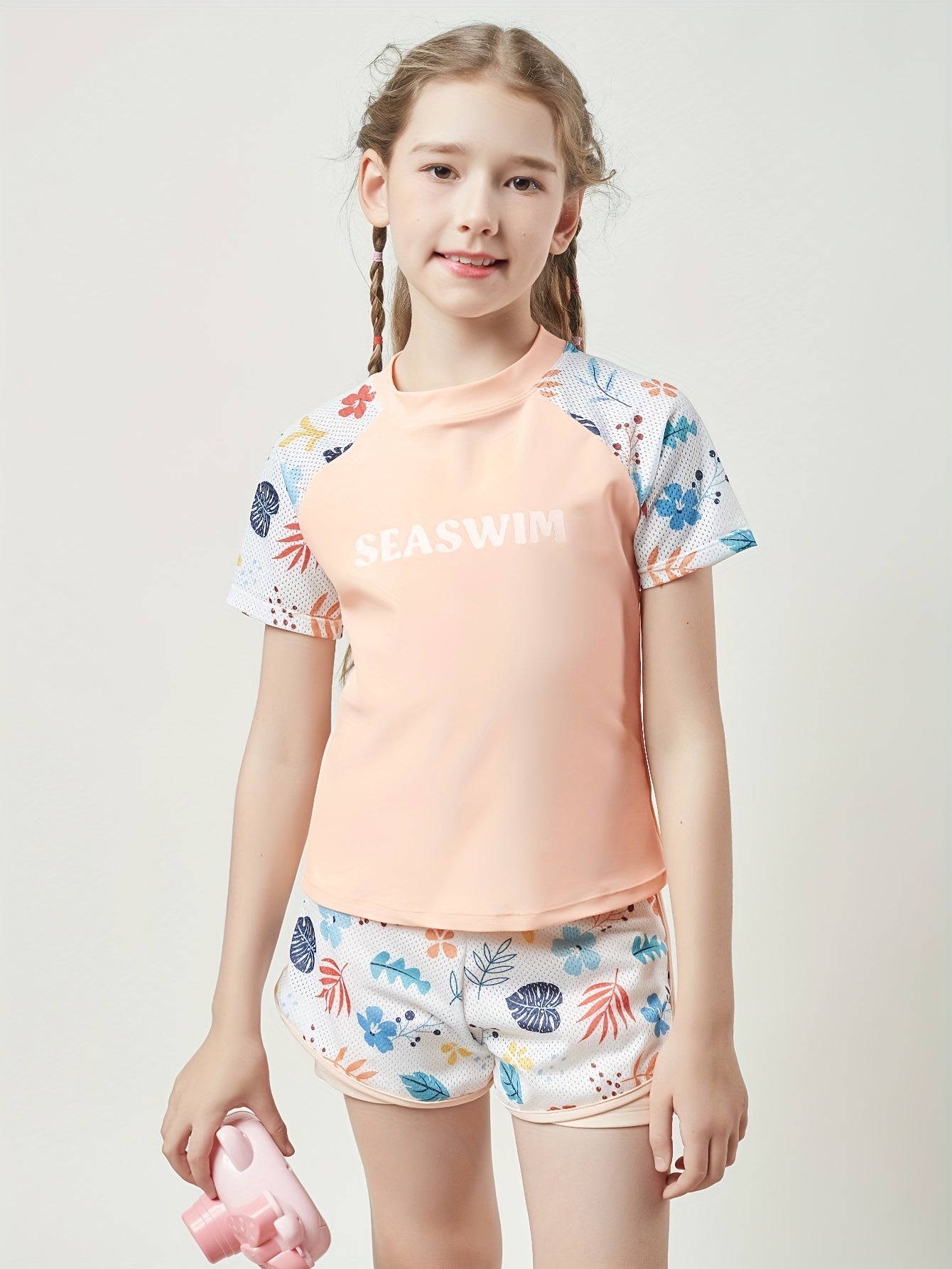 Girls Casual Splicing Cartoon Print 2pcs Swimsuit Set for Summer Sports