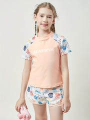 Girls Casual Splicing Cartoon Print 2pcs Swimsuit Set for Summer Sports