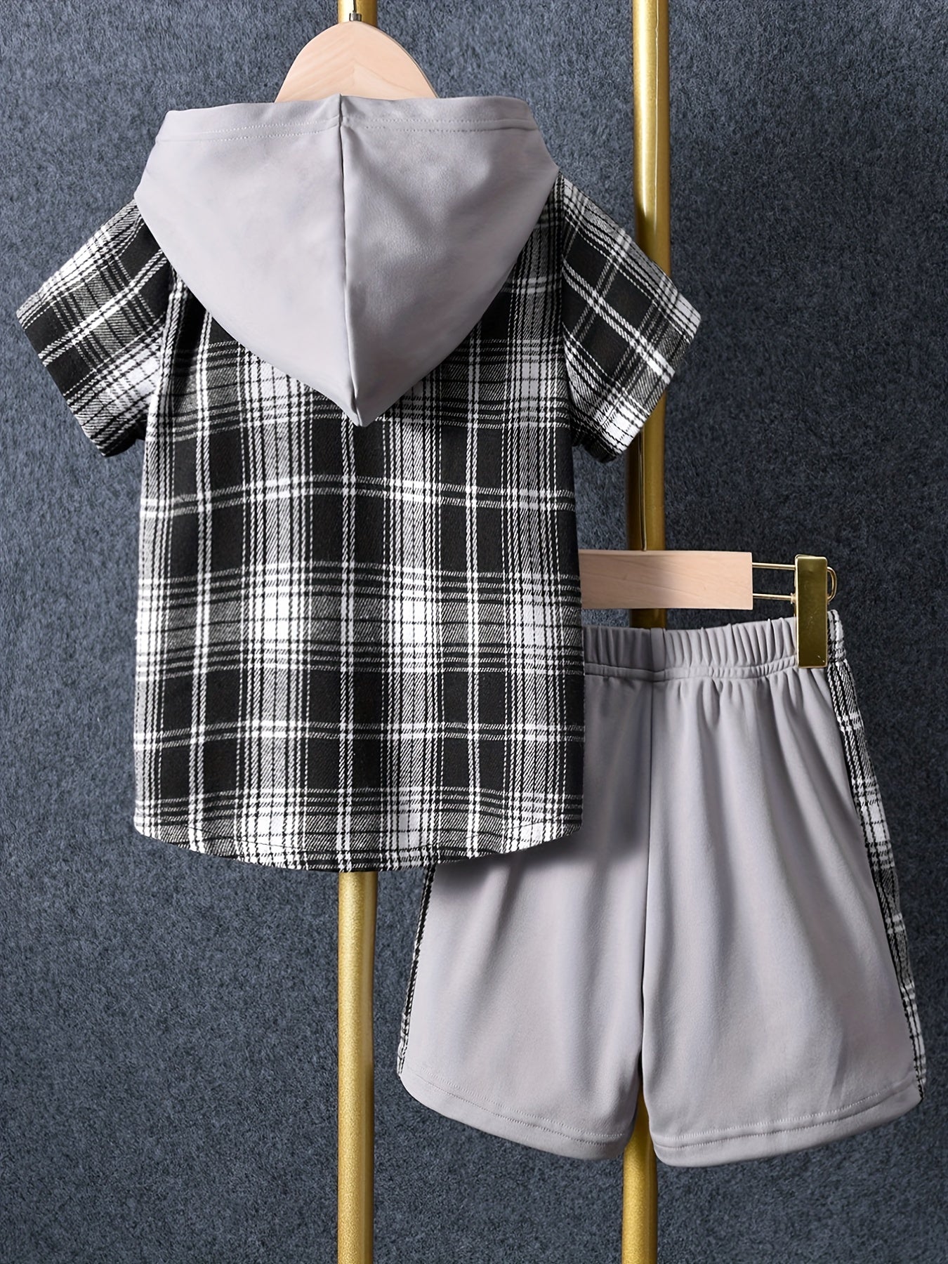 Boys Plaid Hooded Shirt & Shorts Summer Outfit