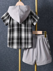 Boys Plaid Hooded Shirt & Shorts Summer Outfit