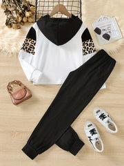 Girls Leopard Print Eyelashes Hoodie & Trousers Set