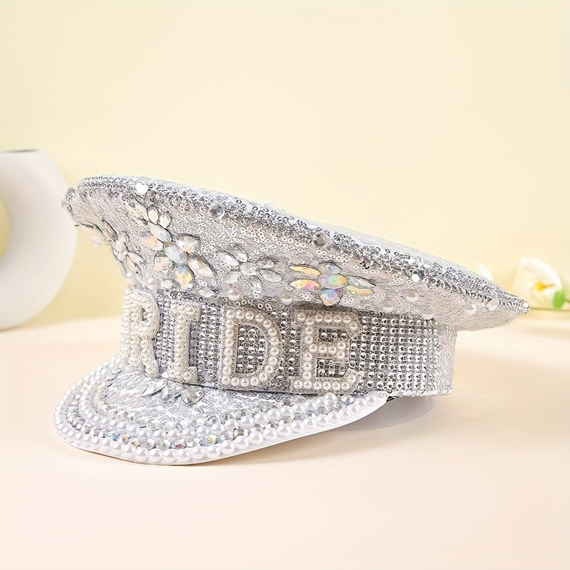 Bright Glitter Bride Hat Rhinestone Faux Pearl Sequin Captain Hat