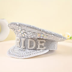 Bright Glitter Bride Hat Rhinestone Faux Pearl Sequin Captain Hat
