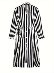 Stripe Print Long Sleeve V Neck Dress