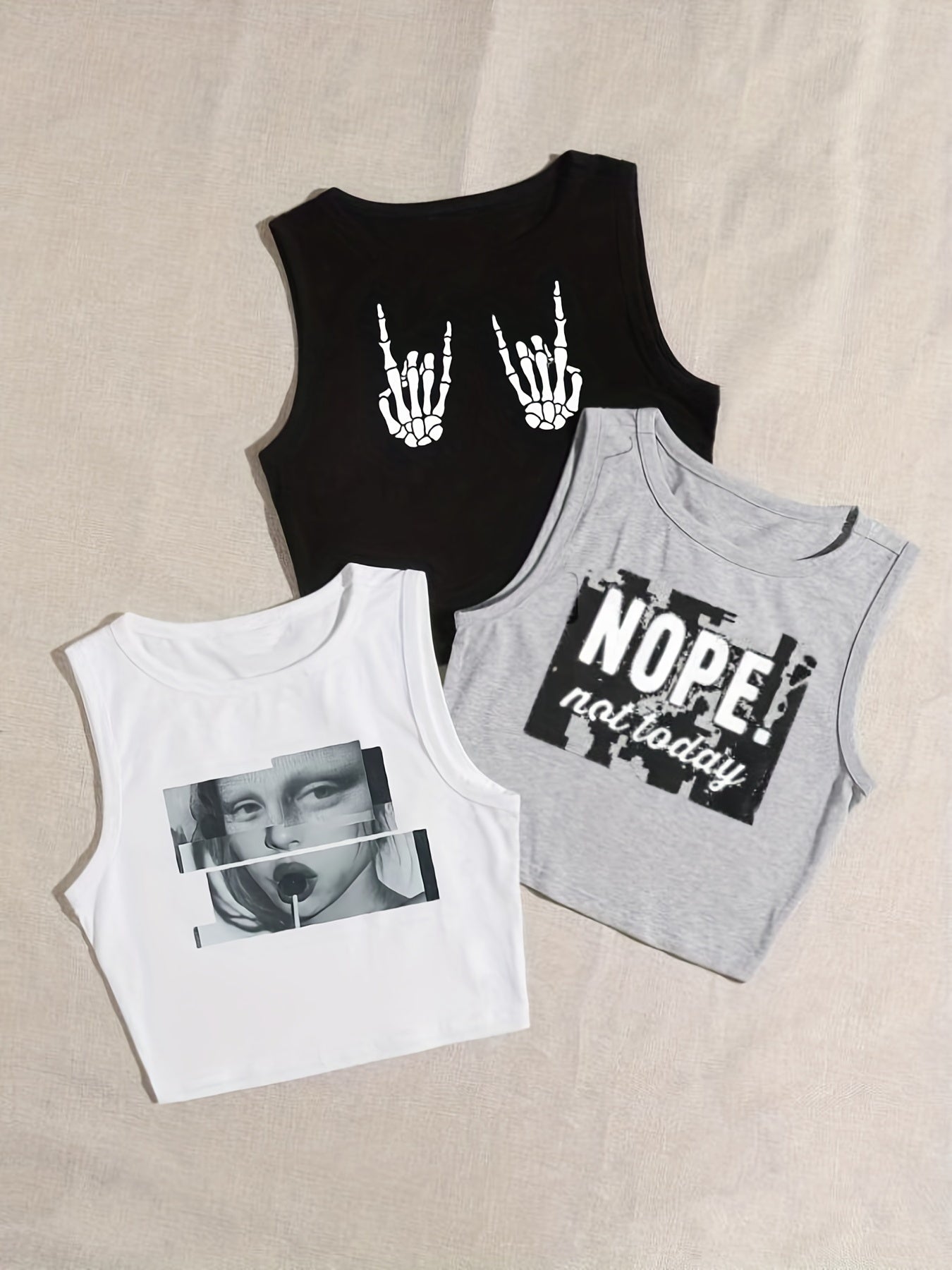 Set of 3 Y2K Graphic Print Crop Tank Tops