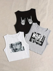 Set of 3 Y2K Graphic Print Crop Tank Tops
