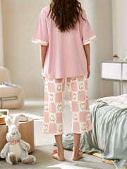 Bunny Print Pajama Set Short Sleeve Top & Heart Crop Pants Women's Sleepwear