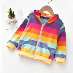 Girls Winter Hooded Jacket with Rainbow Stripes and Zipper Pockets