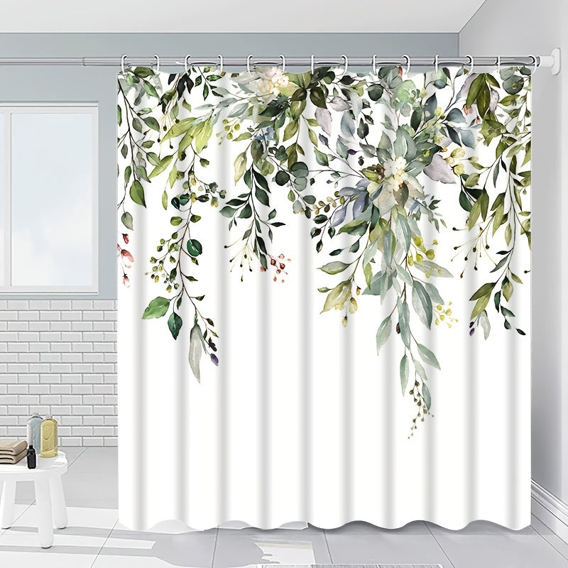 Green Plant Pattern Shower Curtain With Hooks Waterproof Bathroom Decor