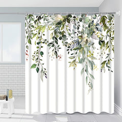 Green Plant Pattern Shower Curtain With Hooks Waterproof Bathroom Decor