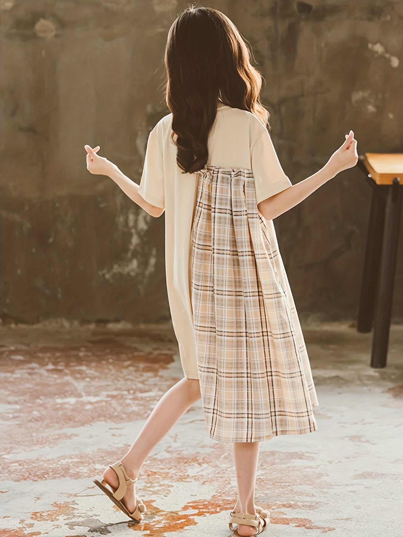 Girls' Plaid Patchwork Short Sleeve Casual Dress