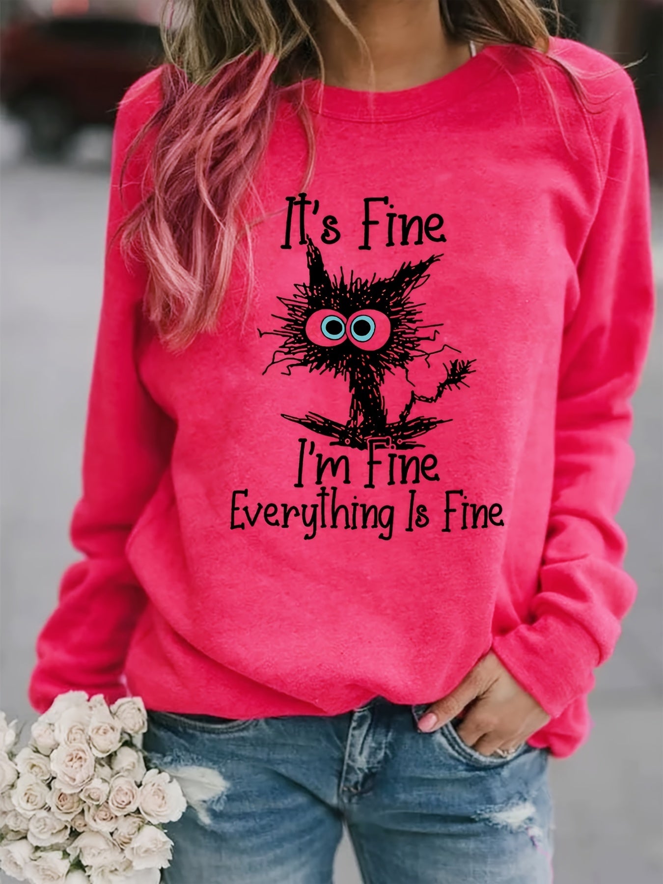 Cartoon Cat Print Sweatshirt Long Sleeve Crew Neck Casual Sweatshirt