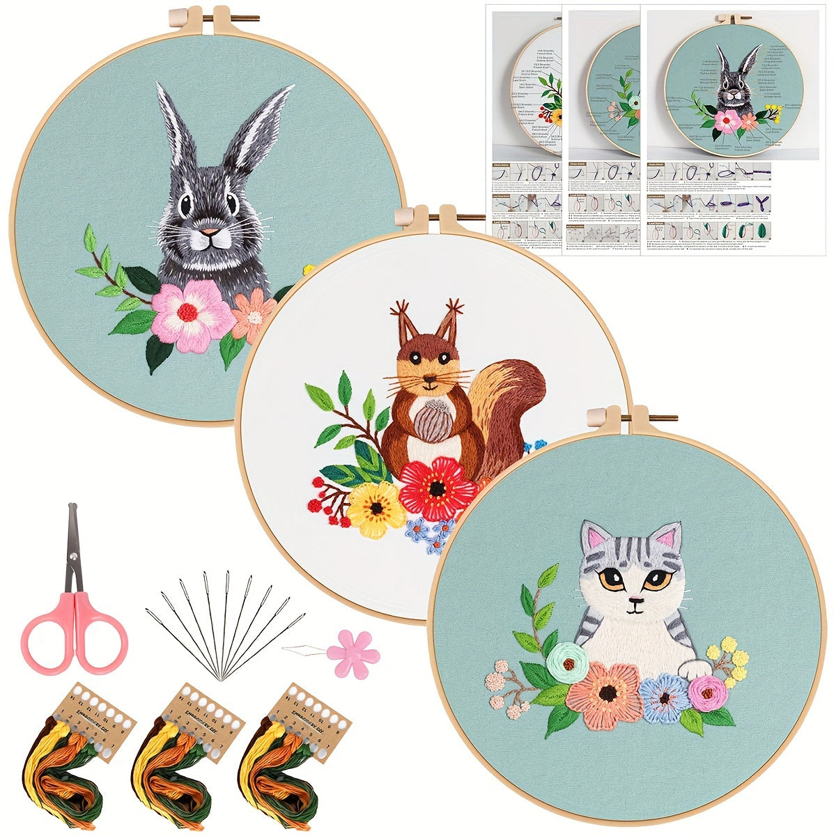 5pcs Animal Embroidery Kit with Hoop 20.07cm
