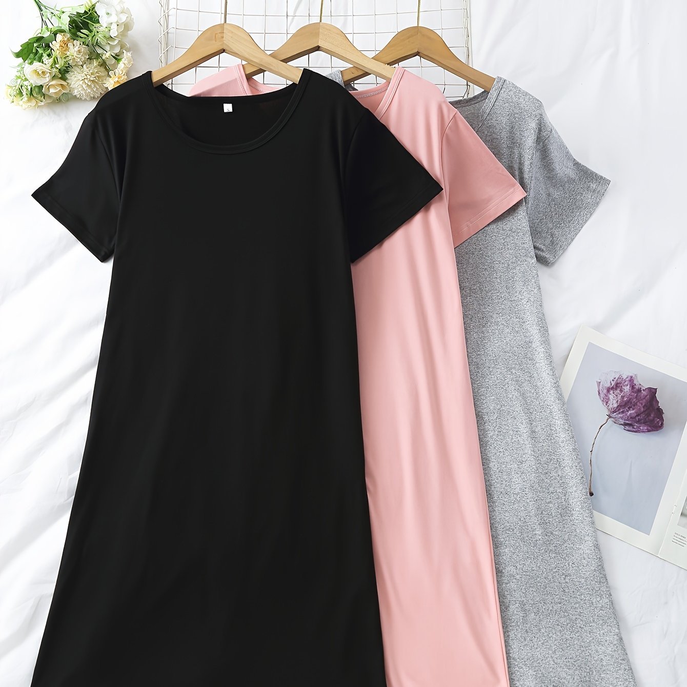 3pcs Solid NightDress Short Sleeve Crew Neck Pajama Dress