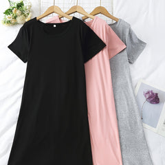 3pcs Solid NightDress Short Sleeve Crew Neck Pajama Dress