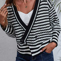 Striped V Neck Long Sleeve Knit Cardigan