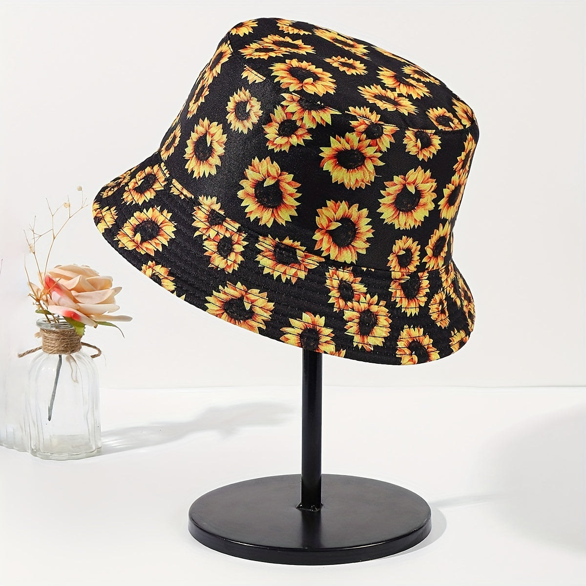 Sunflower Print Bucket Hat Reversible Fisherman Cap