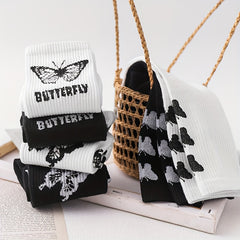 6 Pairs Butterfly Print Socks Mid Tube Women's Stockings