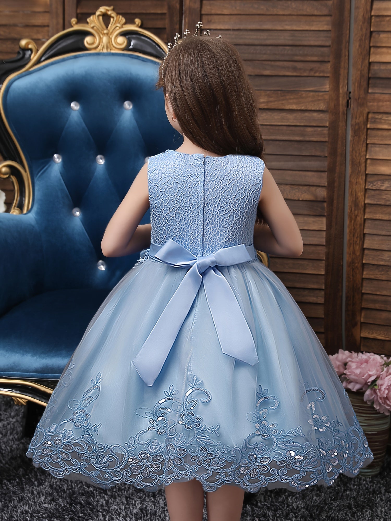 Girls Princess Dress Sleeveless Flower Embroidery Lace Mesh Tutu Dress