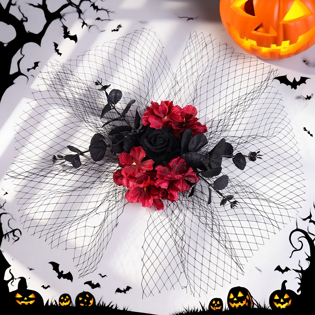 Gothic Halloween Hair Clips Vintage Rose & Mesh Veil Lace Accents Cosplay