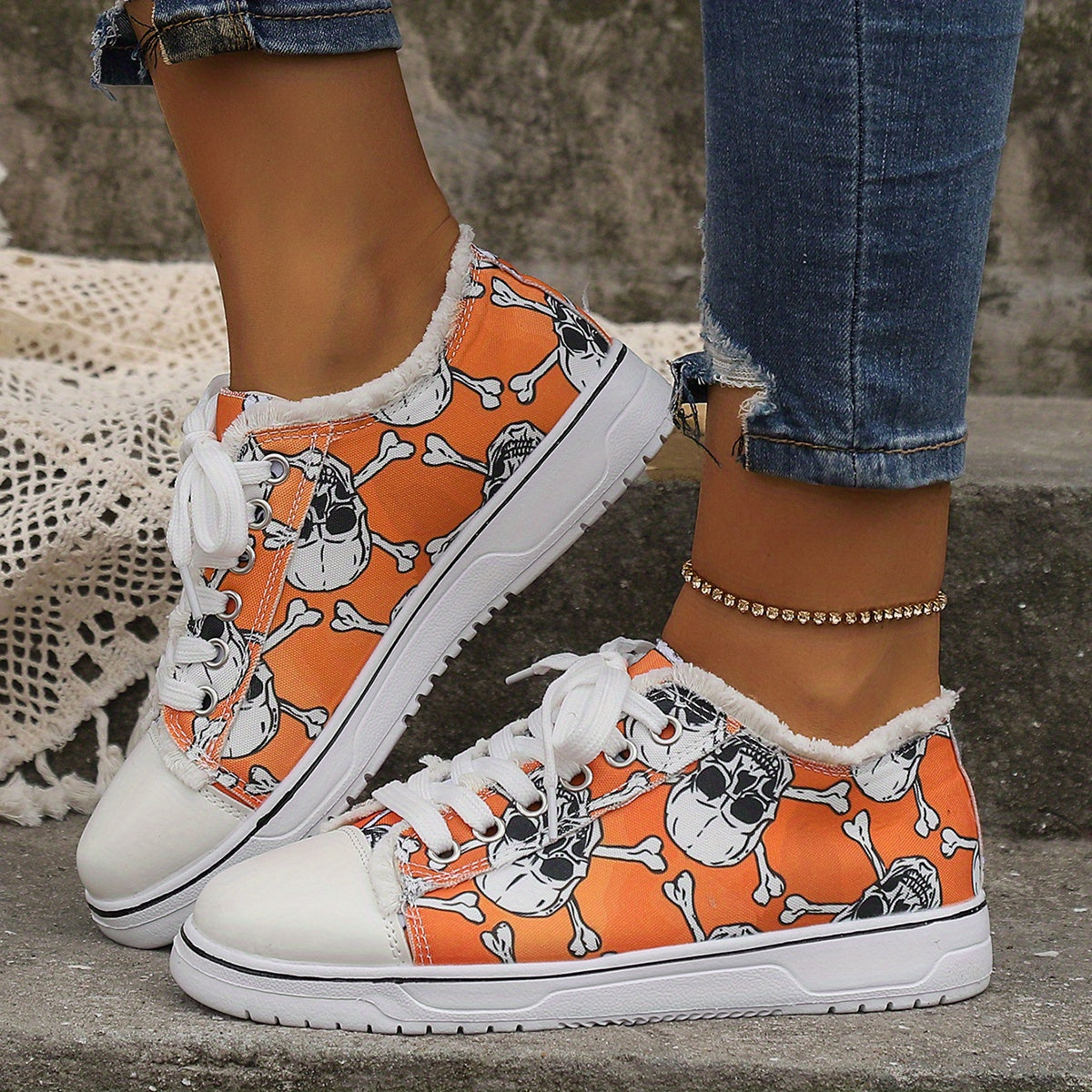 Halloween Orange Skull Ghost Canvas Shoes Women's Lightweight Flat Sneakers