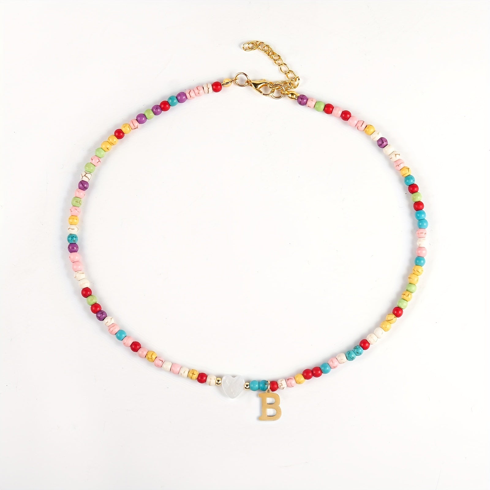 Girl's Colorful Beaded Choker Necklace with Golden Initial Letter