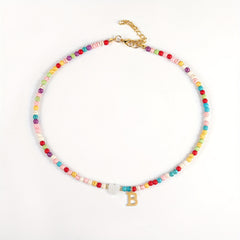 Girl's Colorful Beaded Choker Necklace with Golden Initial Letter