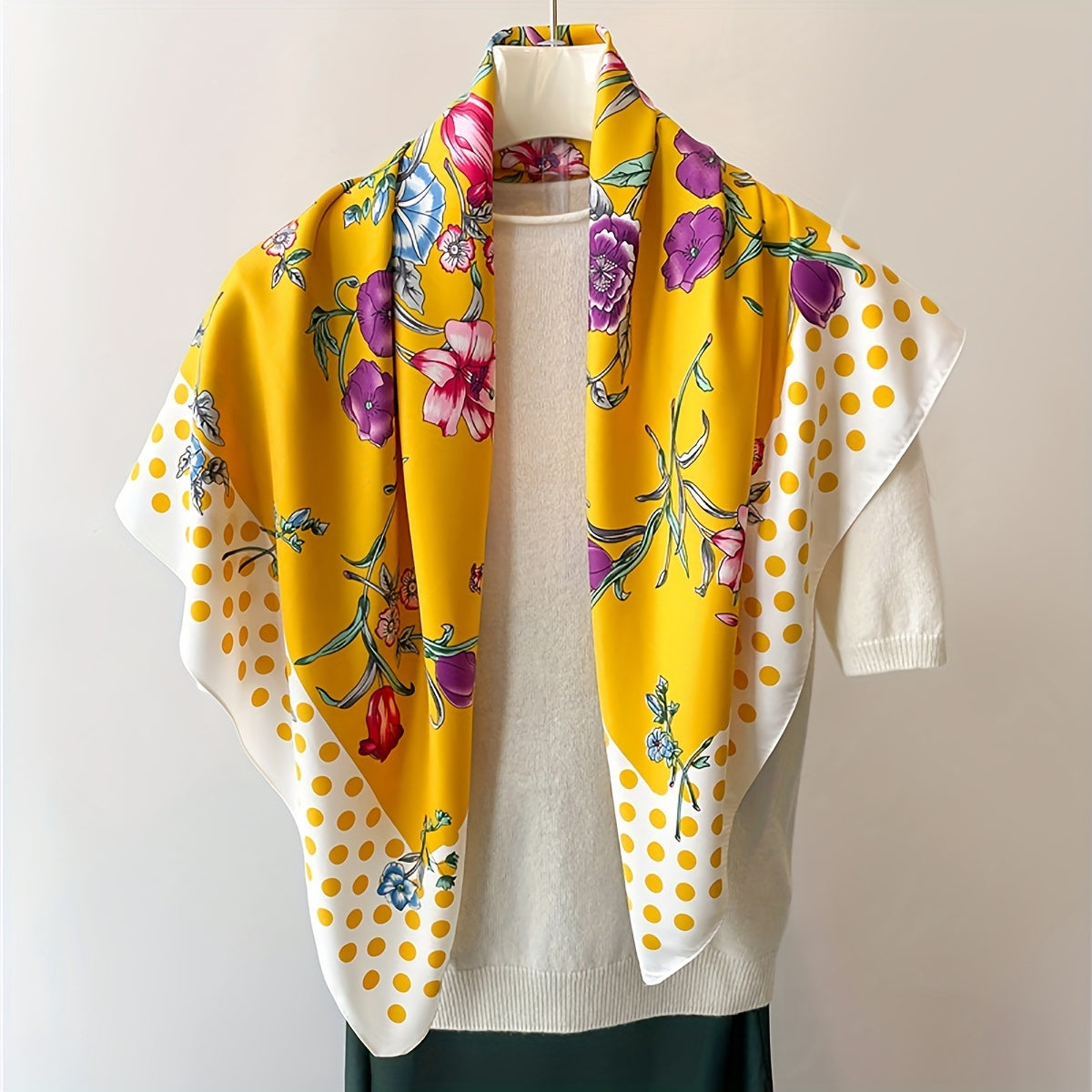 Polka Dot Flower Print Shawl Boho Twill Silk Square Scarf Vintage Neckerchief