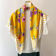 Polka Dot Flower Print Shawl Boho Twill Silk Square Scarf Vintage Neckerchief
