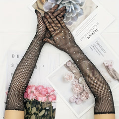 Rhinestone Diamond Mesh Gloves Bungee Stretch Long Full Finger Gloves