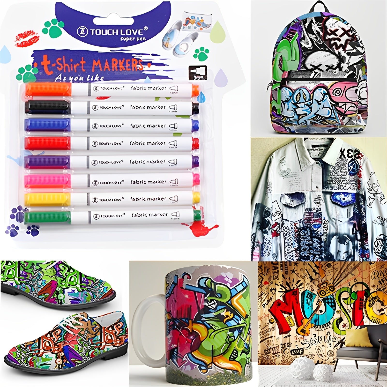 8pcs Waterproof Fabric Textile Marker Pen for DIY Art Graffiti Painting