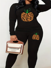 Pumpkin Print Top & Leggings Two Piece Set